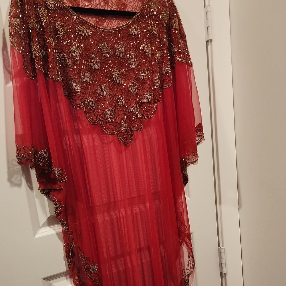 Red Sheer Embellished Maxi Dress with Gold Accents